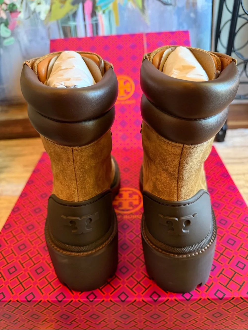Tory Burch Suede Lug Sole Lace-Up Hiker Ankle Boots
